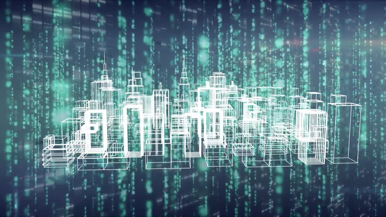 анимация проекта города метаверса, вращающегося над обработкой данных в черном и зеленом пространстве