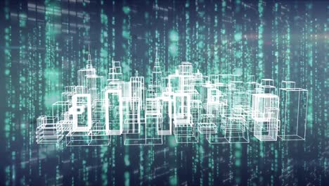 animation of metaverse city project rotating over data processing in black and green space