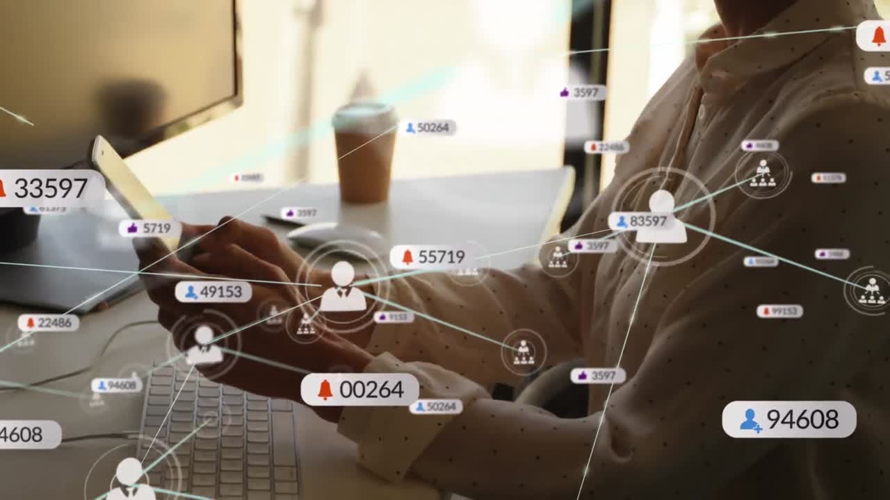 Animation of connected icons, notification bars, caucasian woman chatting using cellphone
