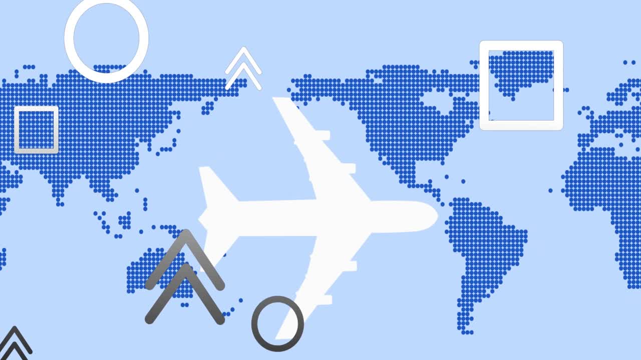 animación de aviones y formas volando sobre el mapa del mundo