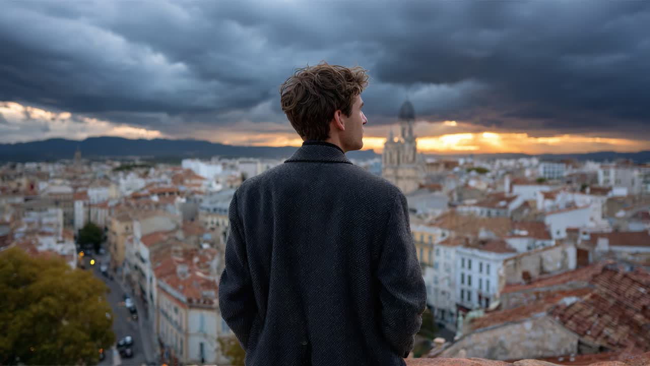 A contemplative young man gazes over a picturesque cityscape at sunset, with dramatic clouds enhancing the beauty of the moment and creating a sense of serenity