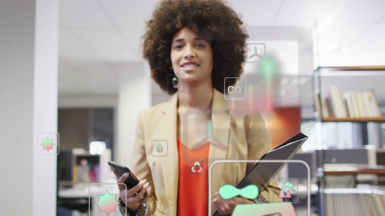 Professional woman walking office, tapping phone and viewing green metrics with CO2 icons appearing