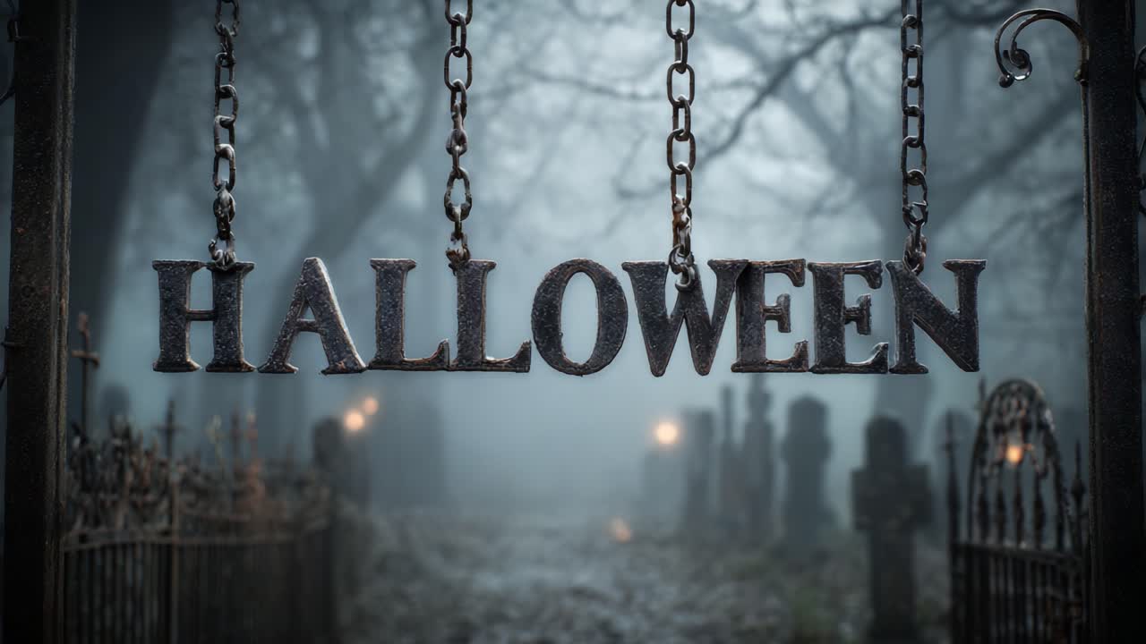 Creepy halloween text hanging on chains at the entrance of a spooky old cemetery at night. A mysterious fog is creeping over the tombstones, creating a scary and haunted atmosphere