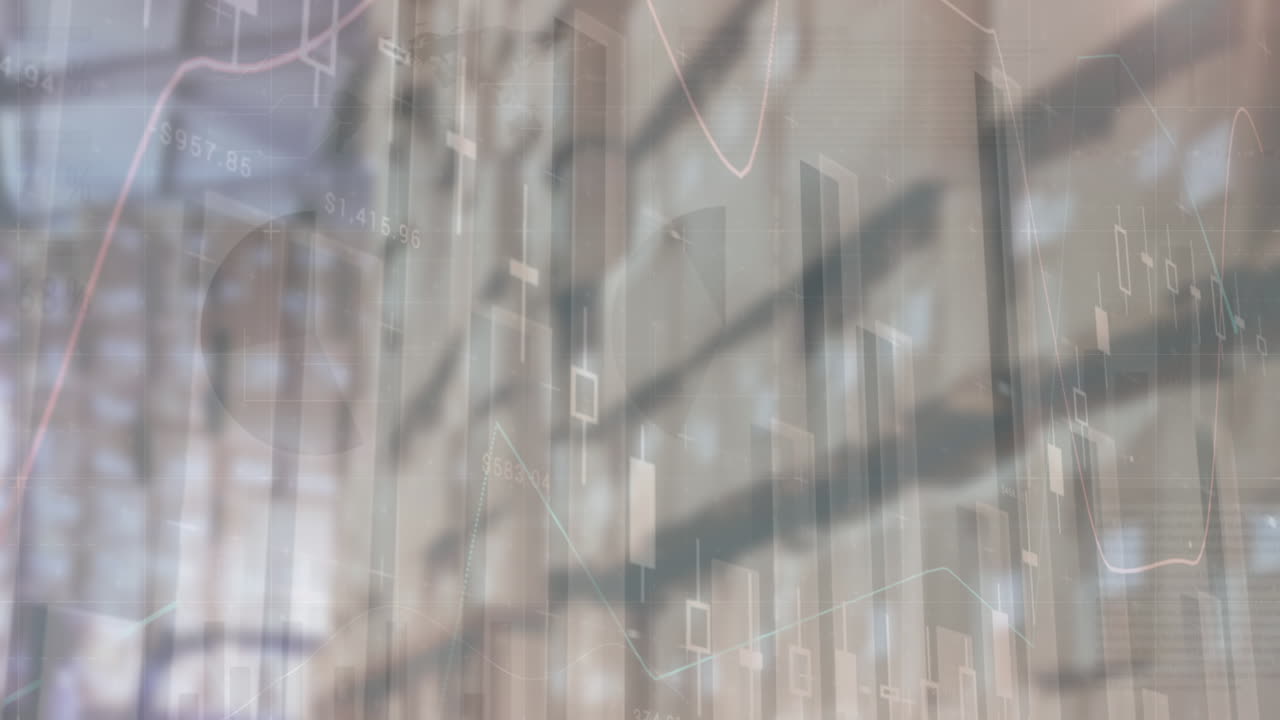 Animation of financial data processing over empty warehouse