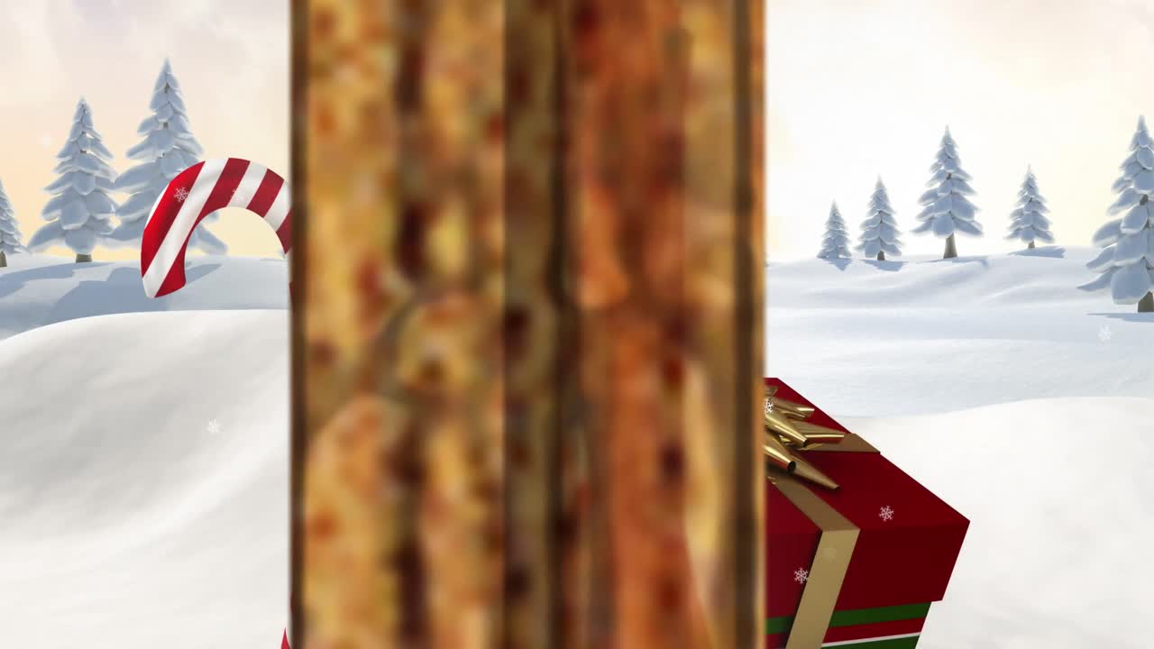 Animation of window over candy canes and present on winter landscape
