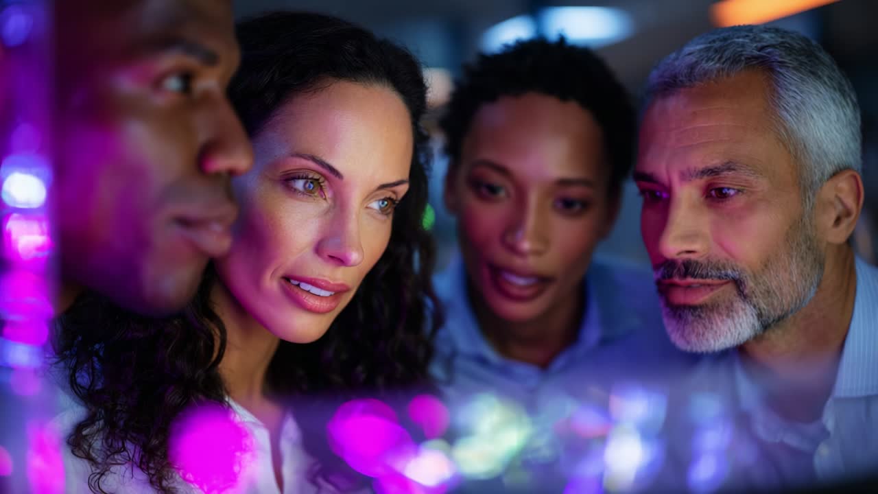 Un team diversificato di professionisti impegnati in una discussione innovativa mentre analizzano la visualizzazione dei dati su uno schermo high-tech, che sottolinea la collaborazione, la curiosità e l'esplorazione approfondita in un ambiente di lavoro moderno
