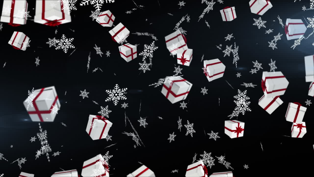Snowflakes and multiple christmas gift icons falling against black background
