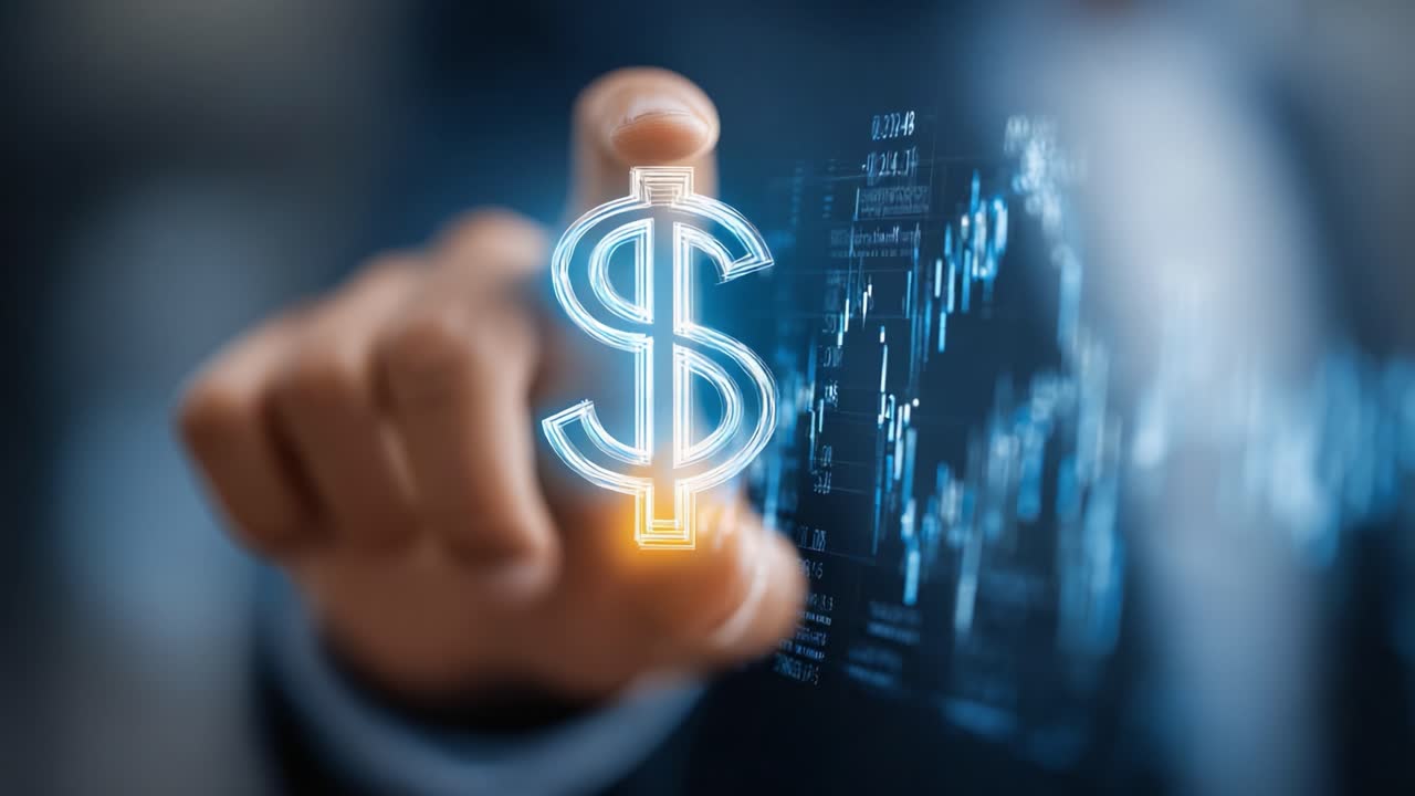Analisando tendências financeiras: Um olhar atento à representação da moeda à medida que as dinâmicas de mercado surgem, simbolizada pelo sinal do dólar em gráficos digitais.