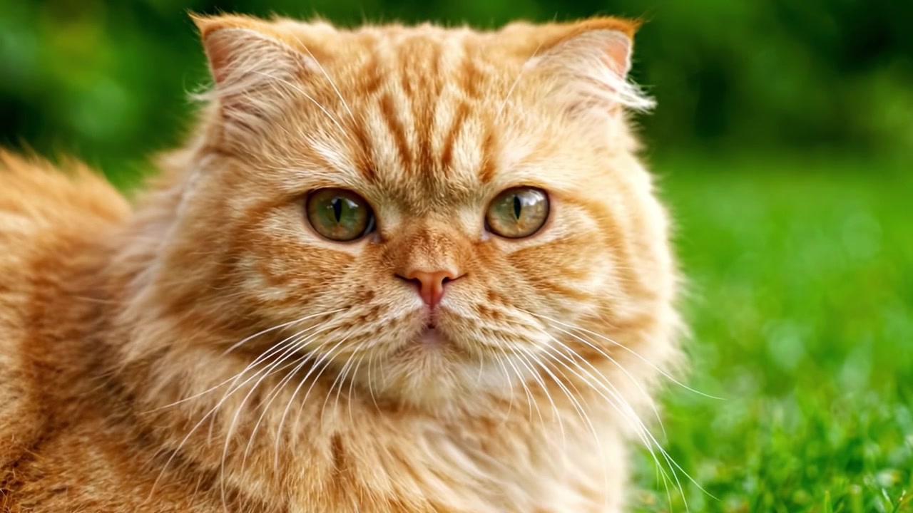 Adorabile gatto rosso che si rilassa in un rigoglioso giardino verde, catturando il fascino e la personalità di questo felino peloso in due inquadrature distinte.