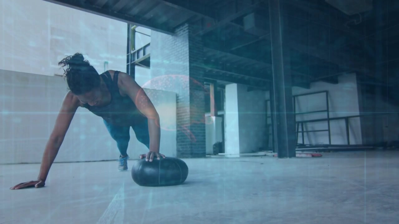 Fitness trainee starting push-up on left pad, reaching right to pad, challenging core under overlay