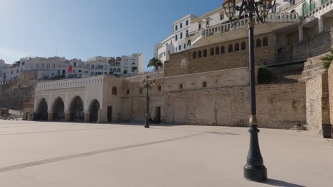 Tangier,-Morocco:-Historical-plaza-with-iconic-architecture-and-stone-walls---panoramic