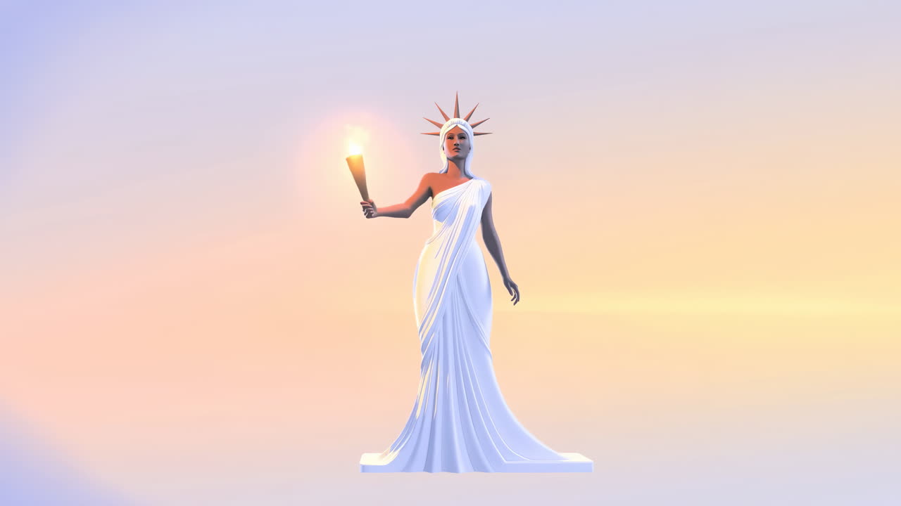Figura di dea con rendering in 3D che solleva una torcia luminosa