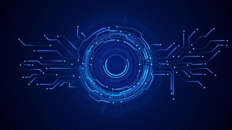 Interfaccia HUD circolare blu con linee di circuito luminose, anello centrale e sfondo tecnologico scuro per IA