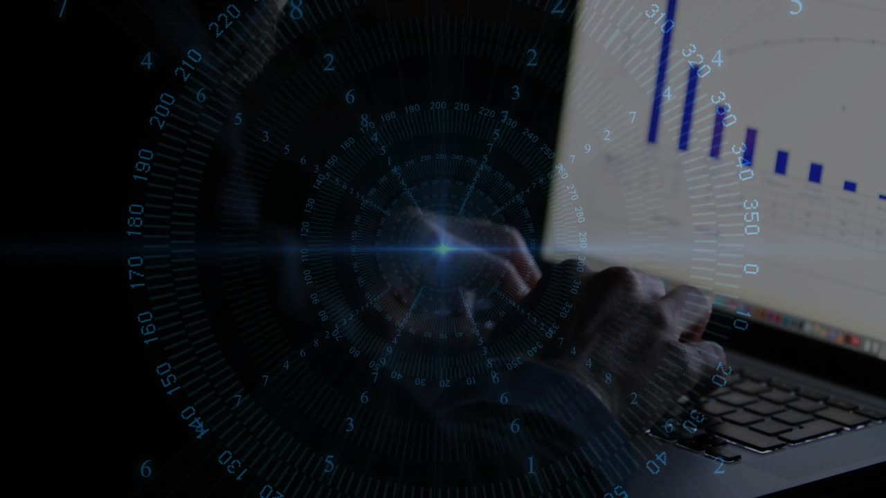 Man typing on laptop, hands pressing keys initiating pulsing HUD, analyzing blue bar chart data