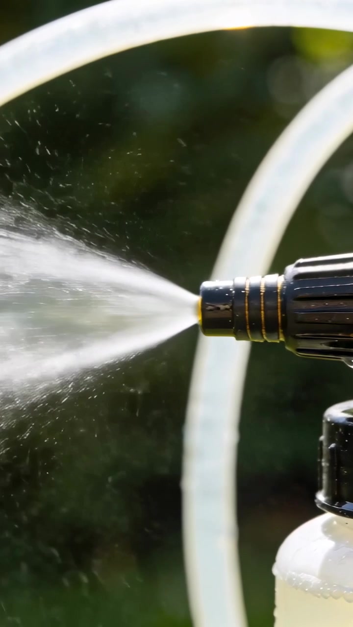 Video verticale: Premendo l'ugello, una bottiglia che emette una nebbia sottile in giardino, con un tubo dietro e spazio per il testo.