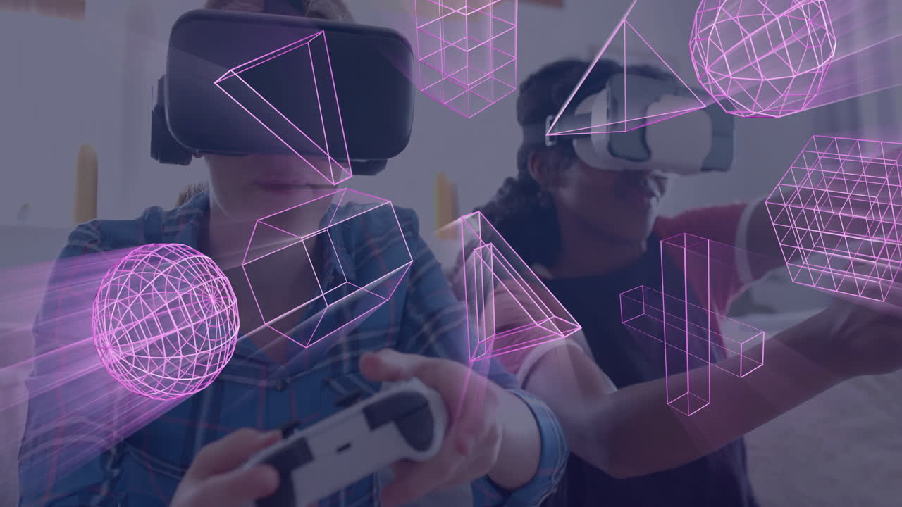 animación de formas sobre diversos amigos usando auriculares vr