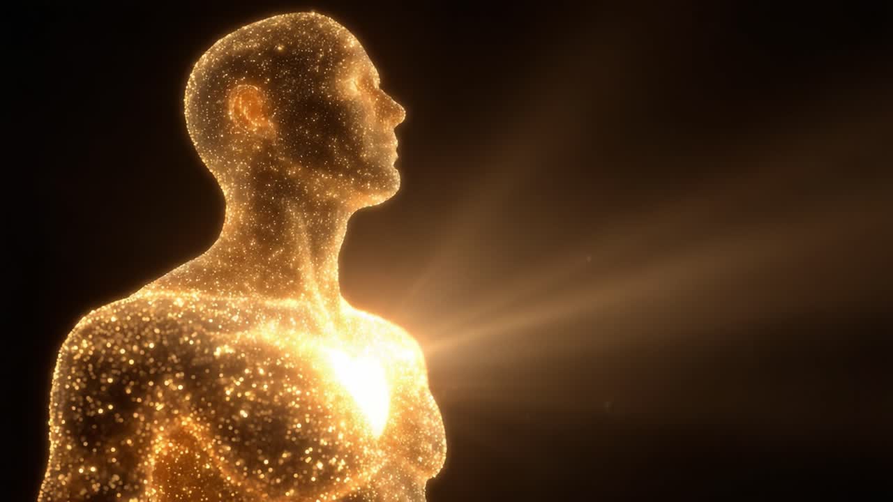 A Mystical Figure Surrounded by Glowing Particles, Radiating Light from Within, Symbolizing Inner Strength, Transformation, and Spiritual Awakening in a Dark Setting