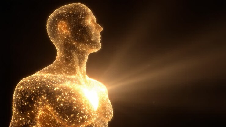 A Mystical Figure Surrounded by Glowing Particles, Radiating Light from Within, Symbolizing Inner Strength, Transformation, and Spiritual Awakening in a Dark Setting