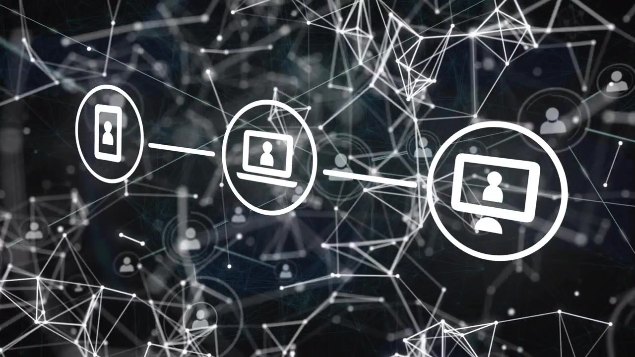 Animation of network of connections with icons on black background
