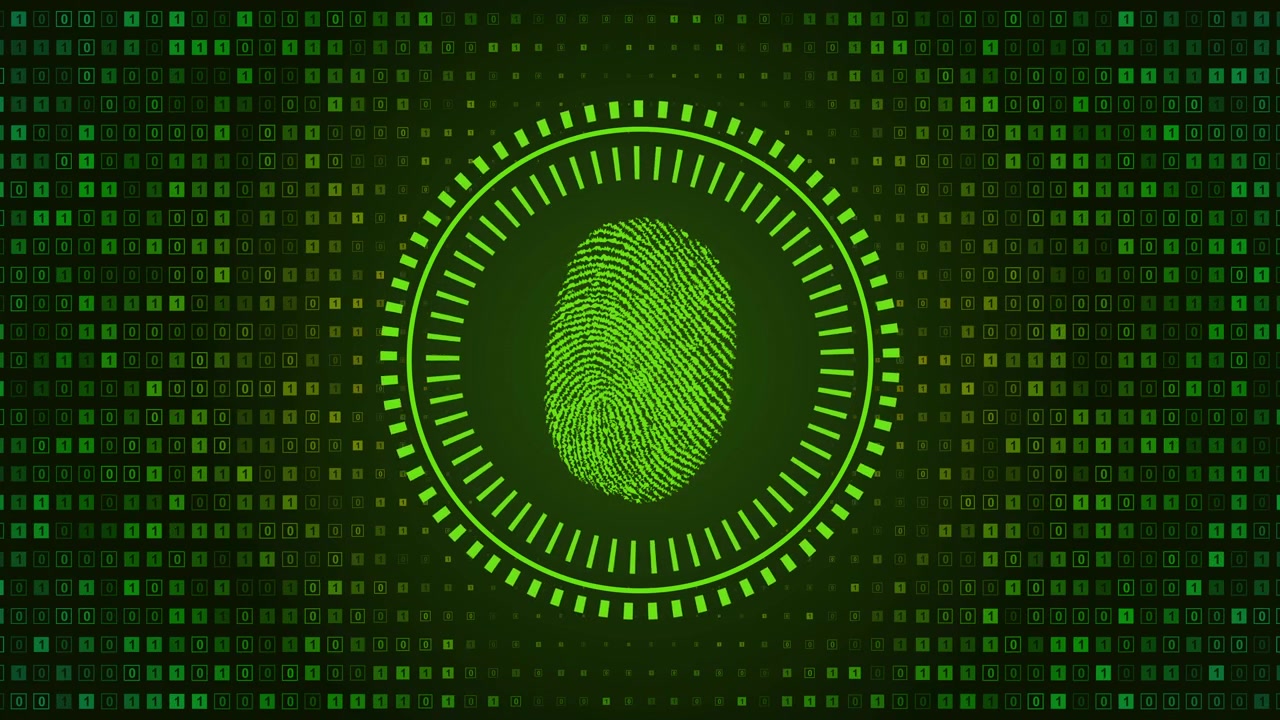 Digital Fingerprint Scanning Animation on Binary Code Background