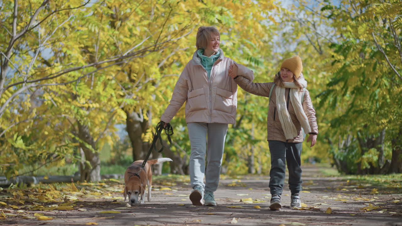 Mother holding daughter hand strolling with playful dog on autumn leaf covered path under golden trees, capturing gentle fall breeze stirring foliage along peaceful park walkway