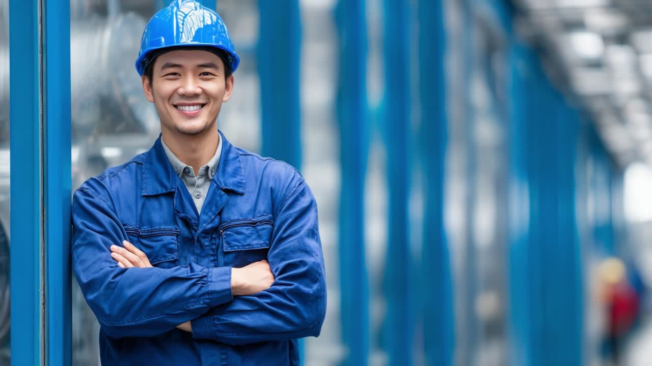 A confident worker in a blue hard hat and coveralls stands proudly with arms crossed in a bright, industrial setting, showcasing professionalism and dedication to his craft