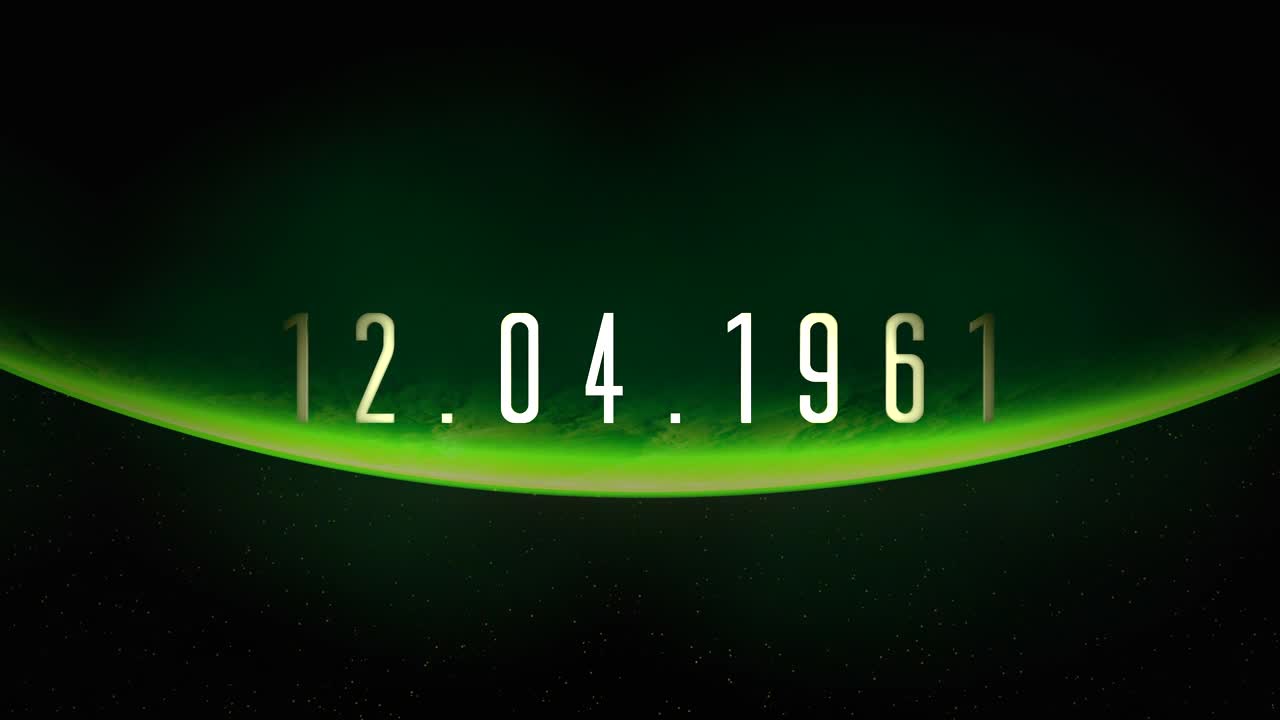 Leuchtender grüner Planet mit Datum 12.04.1961 im Weltraum