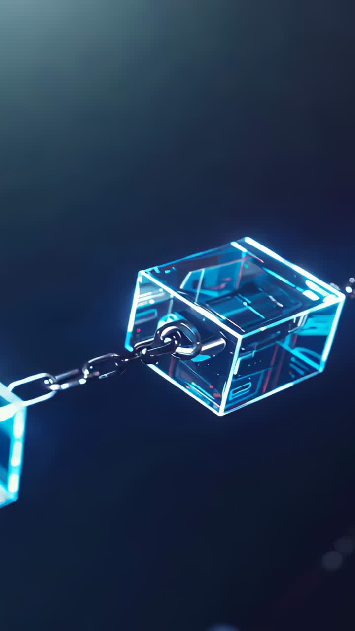 Vertical video: Approaching chain link sliding through ring into neon cube in void, revealing core