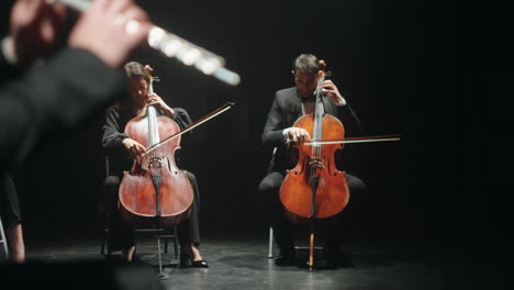 cellists are playing on scene of philharmonic hall string instruments in orchestra