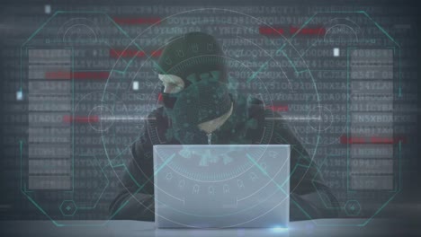 animación del procesamiento de datos sobre un hacker con una computadora portátil