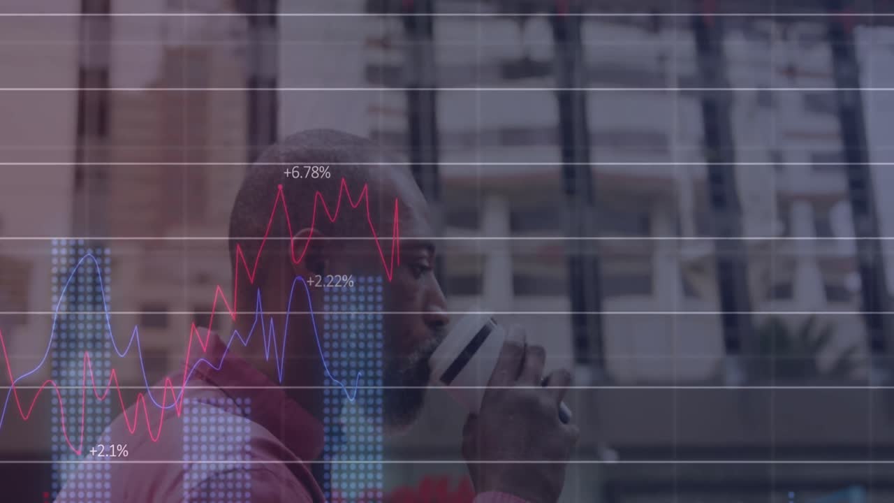 animação de processamento de dados financeiros sobre homem afro-americano tomando café