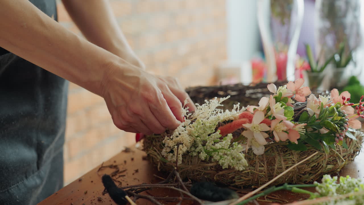 Close up of florist hands arranging delicate flowers and greenery into straw wreath base on wooden table, combining textures of fresh blossoms and dried stems in creative handmade decorative