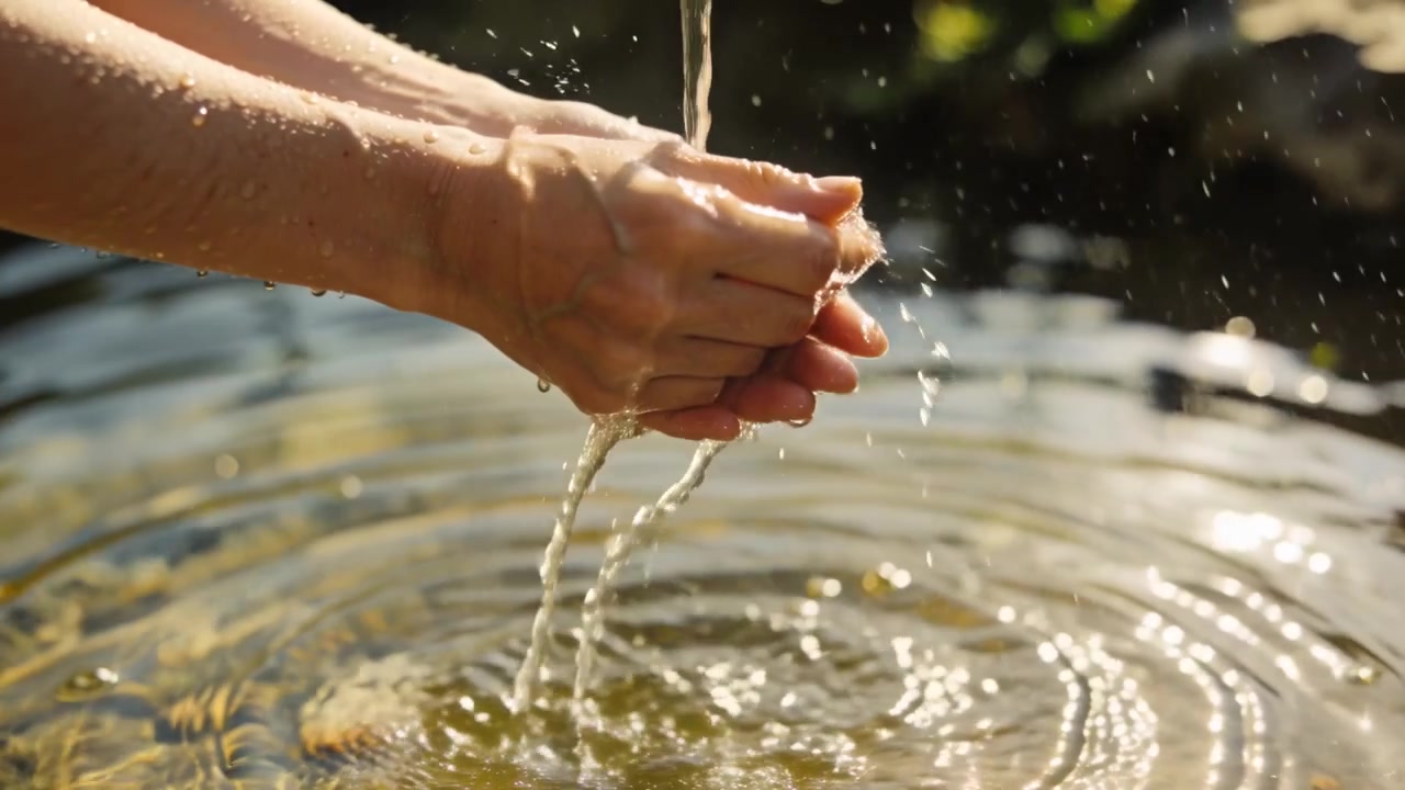 Mani adulte a coppa che raccolgono un getto d'acqua che cade in una vasca illuminata dal sole, creando increspature concentriche da osservare.
