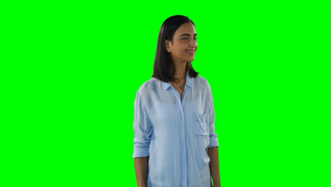 smiling woman touching digital screen 4k