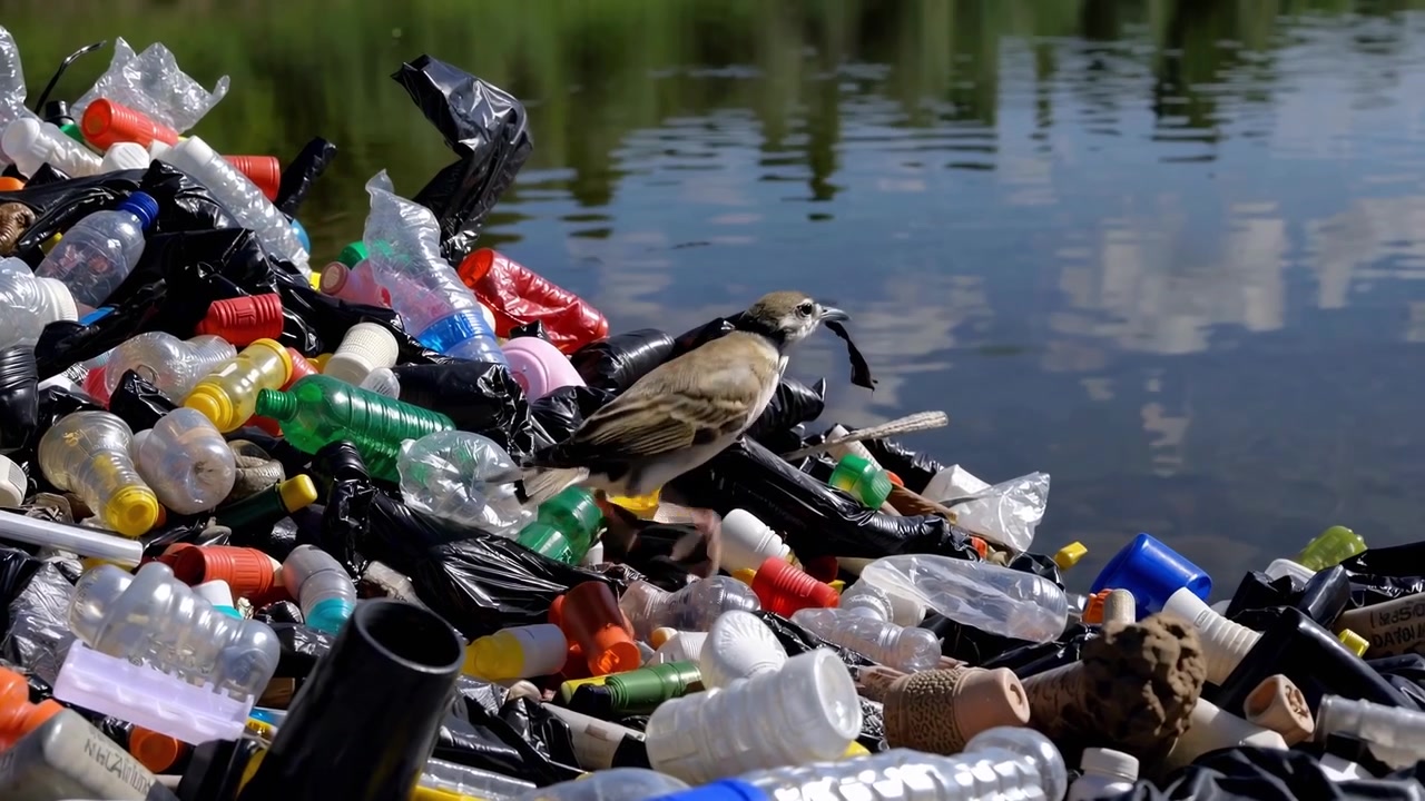 Uccello che raccoglie detriti di plastica dalla riva di un fiume inquinato
