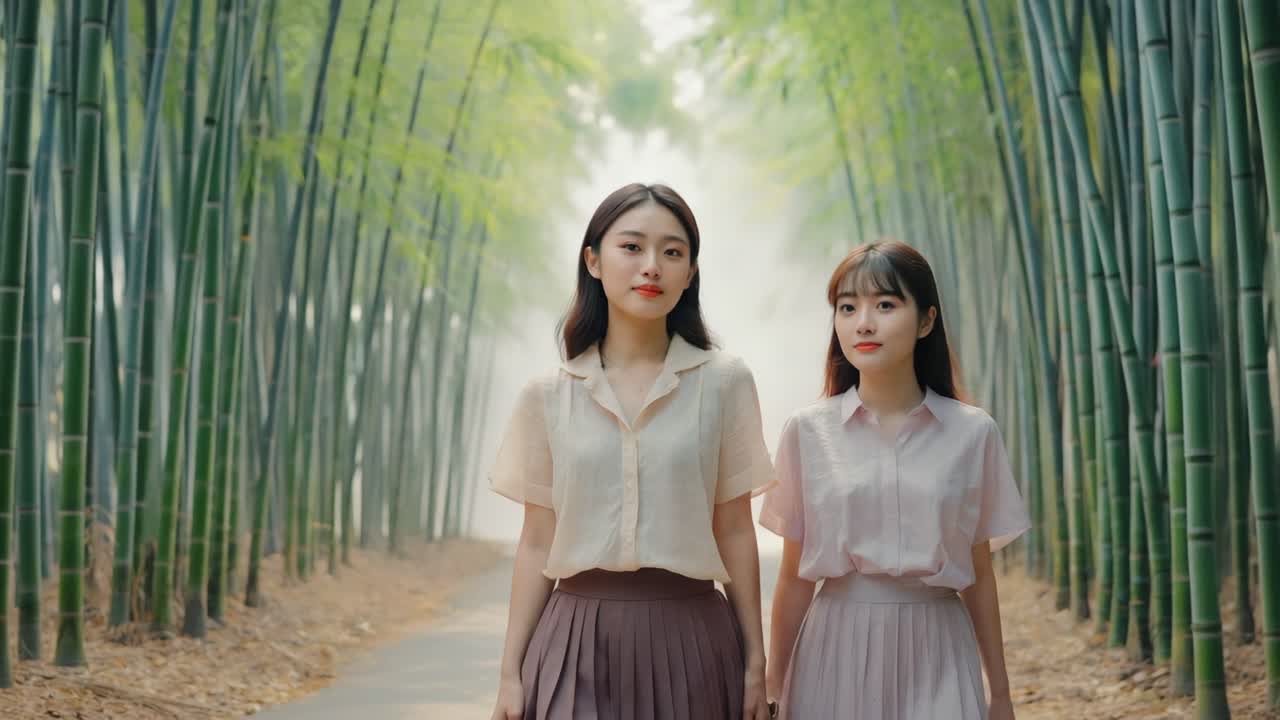 Two young women walking together, enjoying a peaceful moment in a stunning bamboo forest, surrounded by lush greenery and the soothing sounds of nature, dressed in casual attire