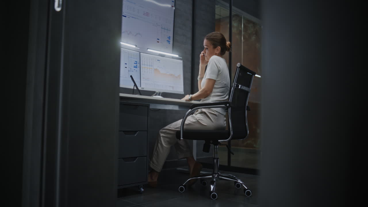 Female Financial Analyst Talking on Phone, Analyzing Exchange Market Charts on Multi-Monitor Computer and Tablet, Suffering from Financial Crisis. Businesswoman Stressed About Stock Market Collapse.