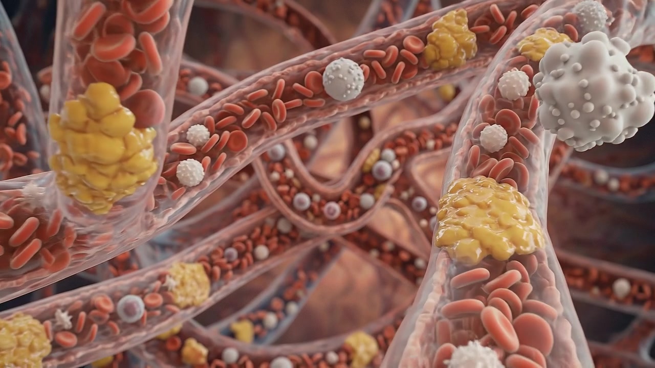 Animazione medica in primo piano di cellule del sangue che viaggiano attraverso il tessuto vascolare