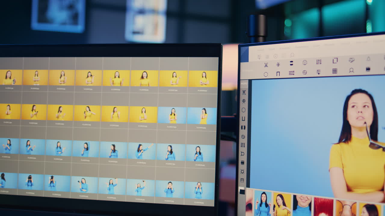 Photography organizing program displayed on monitors in multimedia agency, zoom out shot