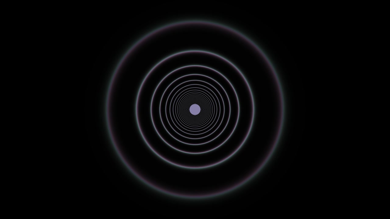 Rainbow neon tunnel background shows a dynamic visual with circular patterns of light moving through a black space. The scene creates a sense of depth and vibrancy