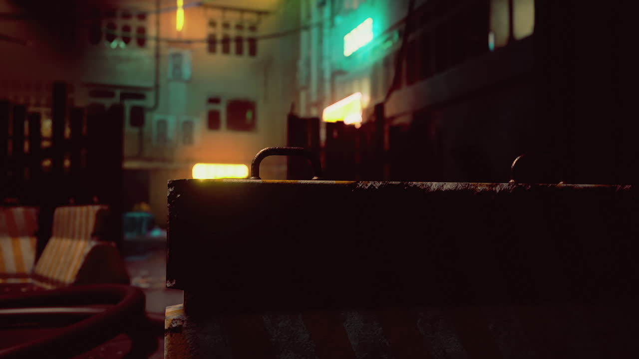 Urban nightscape showcasing neon lights in a dimly lit alleyway