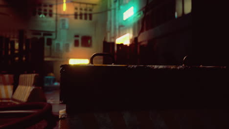 urban nightscape showcasing neon lights in a dimly lit alleyway