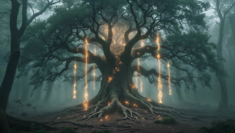 enchanted golden tree in a mystical forest