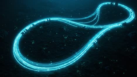 illuminated infinity loop in a mystical underwater setting featuring neon trails and glowing elements creating a futuristic and surreal atmosphere