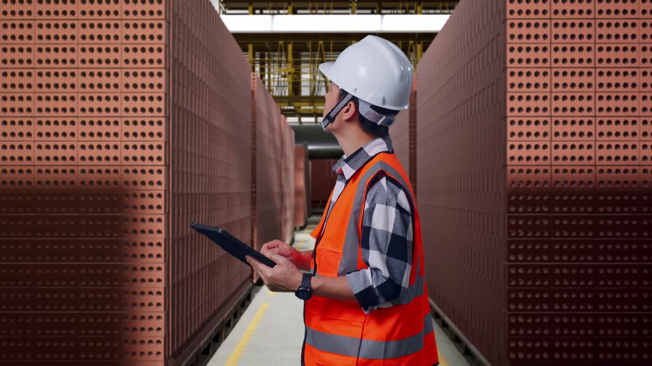 Worker Inspecting Bricks in a Manufacturing Facility
