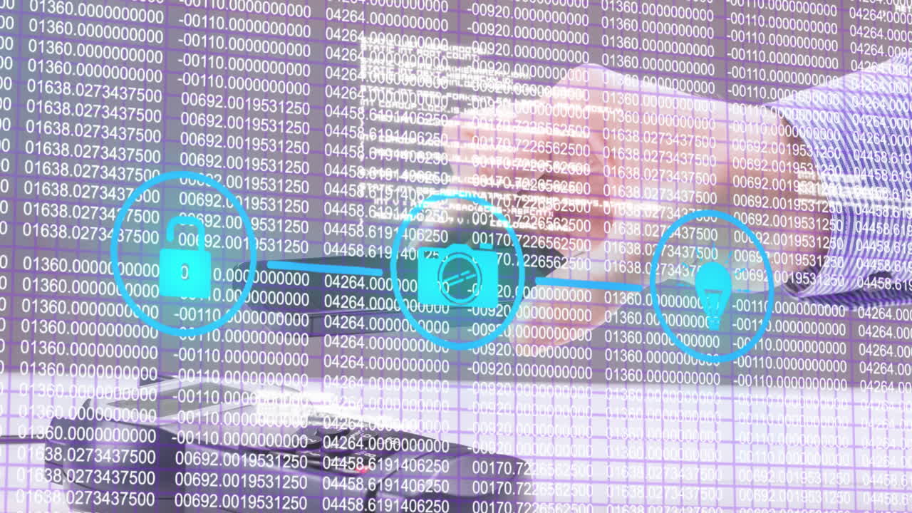animación de iconos de seguridad y procesamiento de datos a mano con teléfono inteligente y terminal de pago