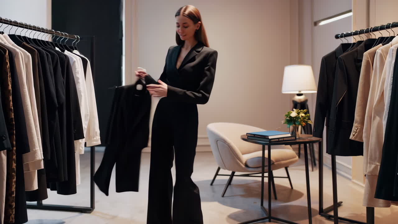 Woman shopping for a suit in a high-end clothing store