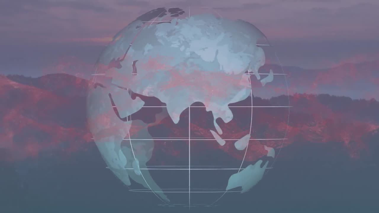 산과 구름진 하늘을 가진 숲의 경치적인 풍경 위에 지구와 추상적인 패턴의 애니메이션
