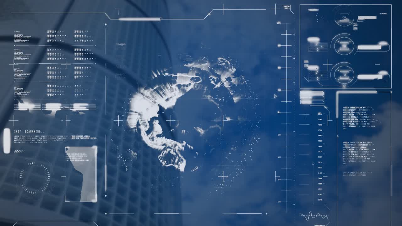 데이터 처리 및 고층 건물의 낮은 각도 뷰에서 회전하는 지구와 인터페이스의 애니메이션