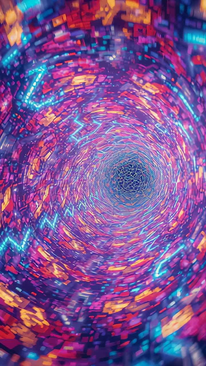 Vertical video: Playing animation, spiral tunnel rotating in portrait frame with neon cyan tiles